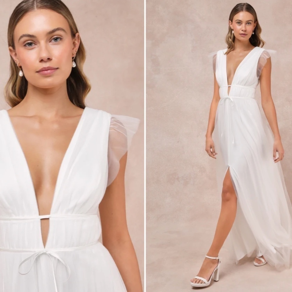 Lulu's White Plunging V-Neck Tulle Maxi Dress